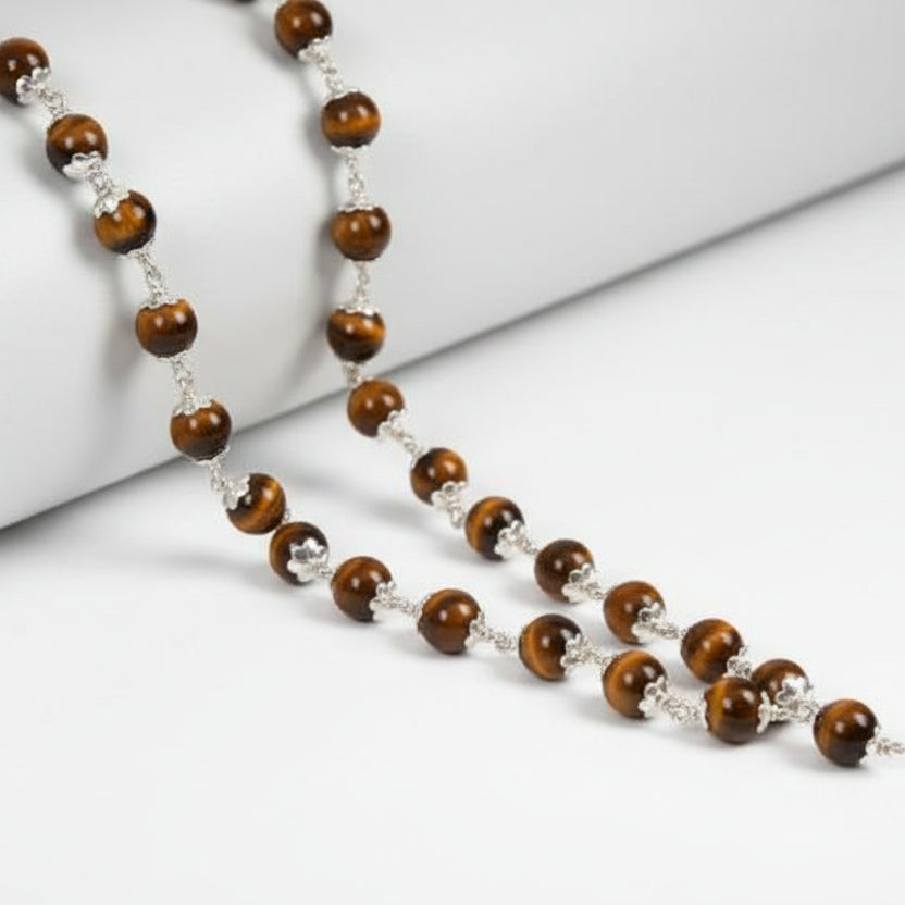 Round Tiger Eye Mala in Pure Silver Flower Caps (8 mm)