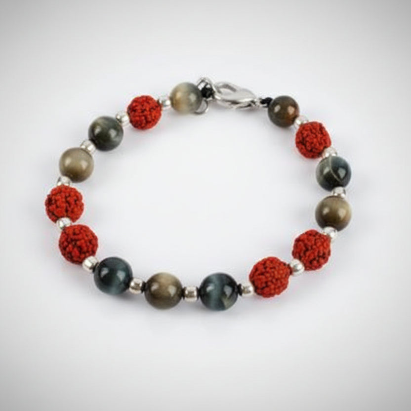 Rudraksha and Black Cats Eye Bracelet (Design I)