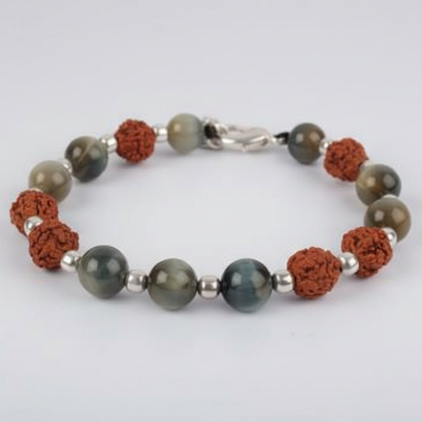 Rudraksha and Black Cats Eye Bracelet (Design I)