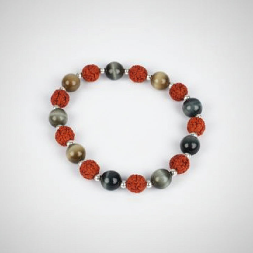 Rudraksha and Black Cats Eye Bracelet (Design II)