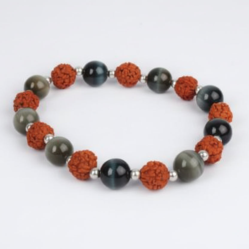 Rudraksha and Black Cats Eye Bracelet (Design II)