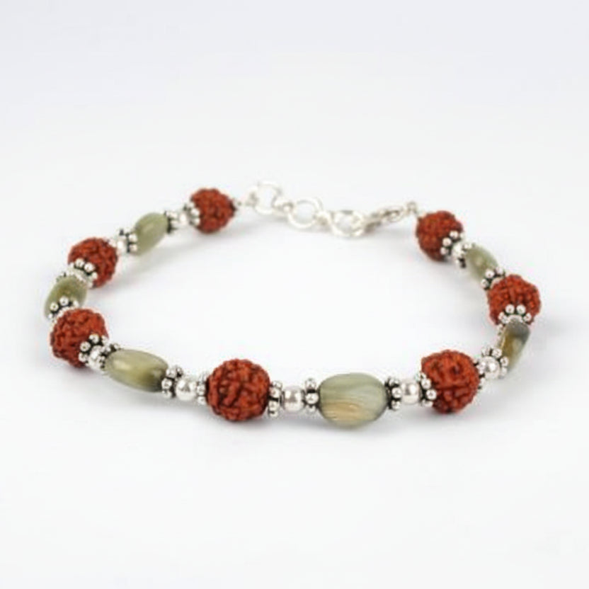 Rudraksha and Oval Cats Eye Bracelet