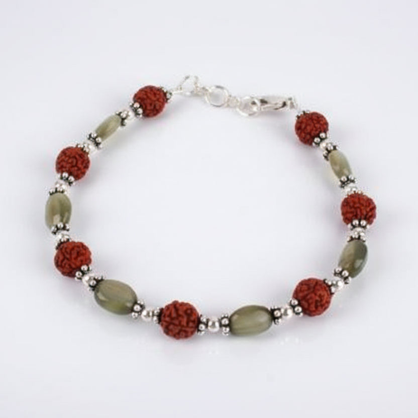 Rudraksha and Oval Cats Eye Bracelet