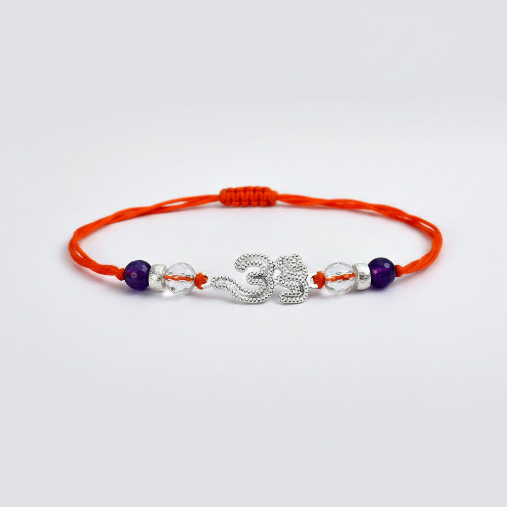 Sphatik and Amethyst beads Rakhi with pure silver accessories in thread
