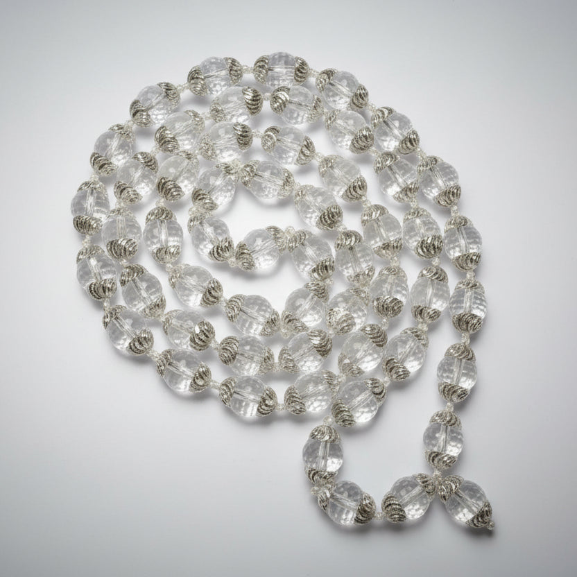 Sphatik Diamond Cut Mala in Silver with Self Design Caps-7 mm