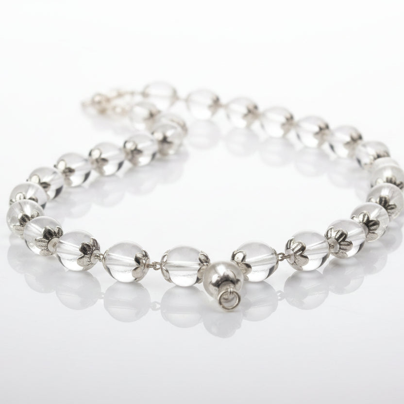 Sphatik Mala in Silver with Caps-54 +1 Beads (Size: 5 mm)