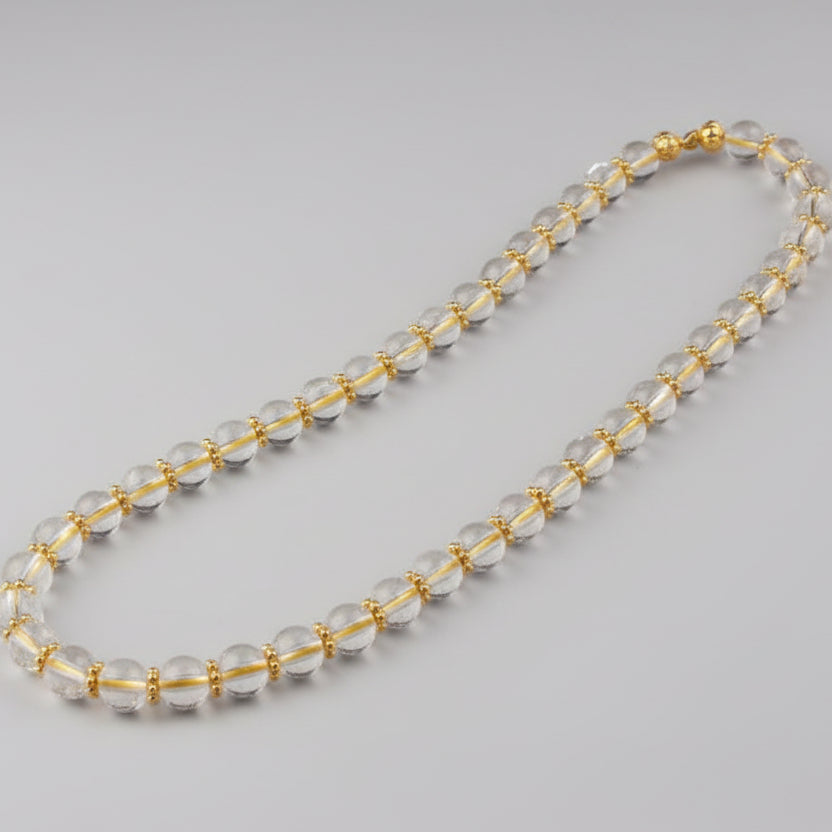 Sphatik Mala with Gold Polished Silver Flowers-108 Beads
