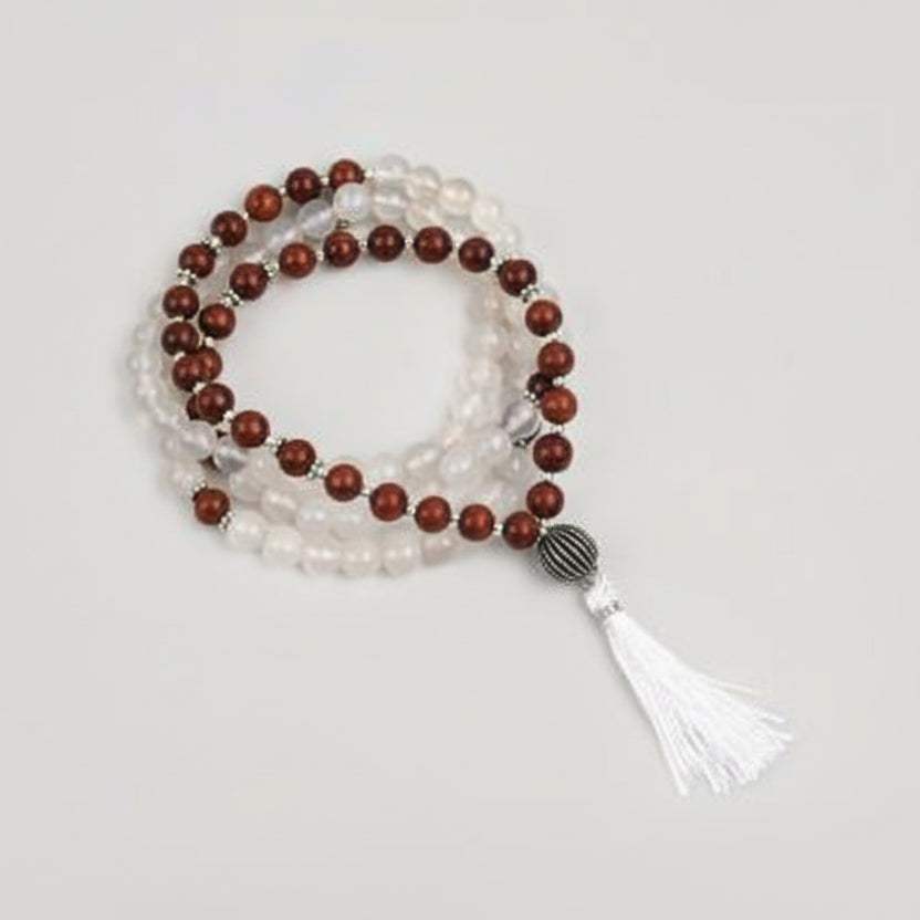White Agate and Red Sandalwood Beads Mala