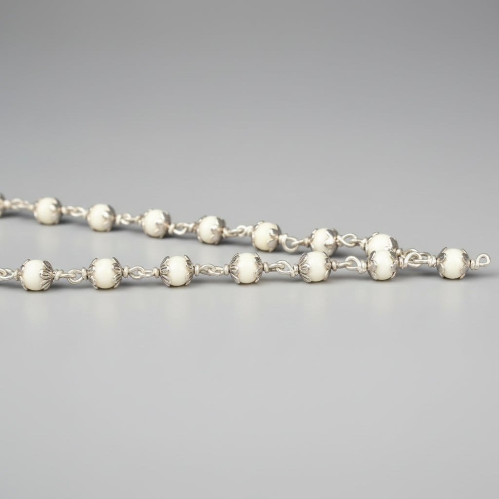 White Coral Mala in Pure Silver Flower Caps (5 mm)-72+1 Beads