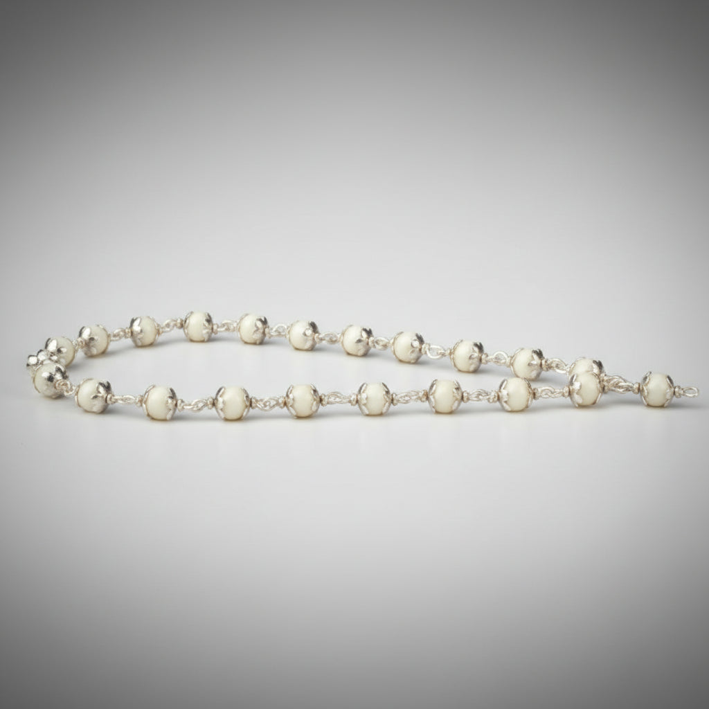 White Coral Mala in Pure Silver Flower Caps (5 mm)-54+1 Beads