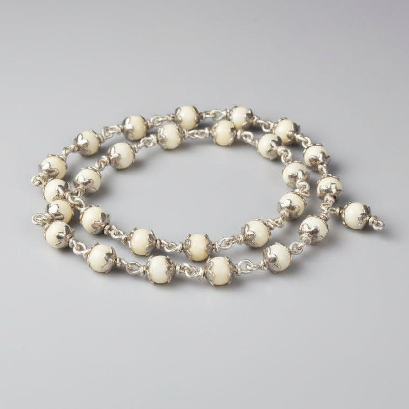 White Coral Mala in Pure Silver Flower Caps (5 mm)-72+1 Beads