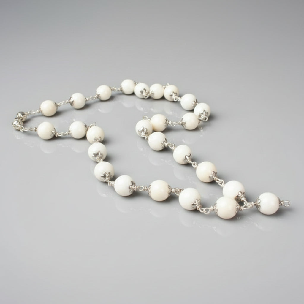 White Coral Mala in Pure Silver Flower Caps (9 mm)-54+1 Beads