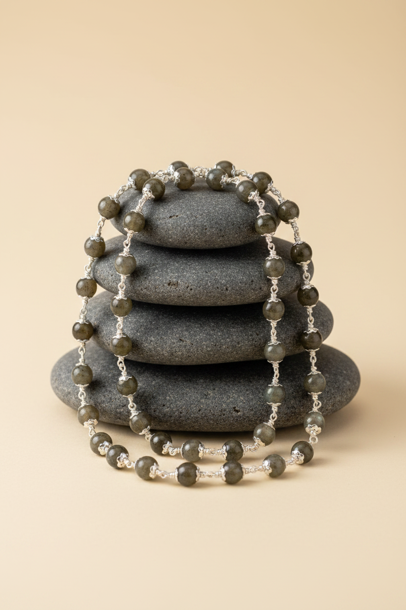 Natural Labradorite 925 Silver Flower Caps Gemstone Mala – 8mm Beads