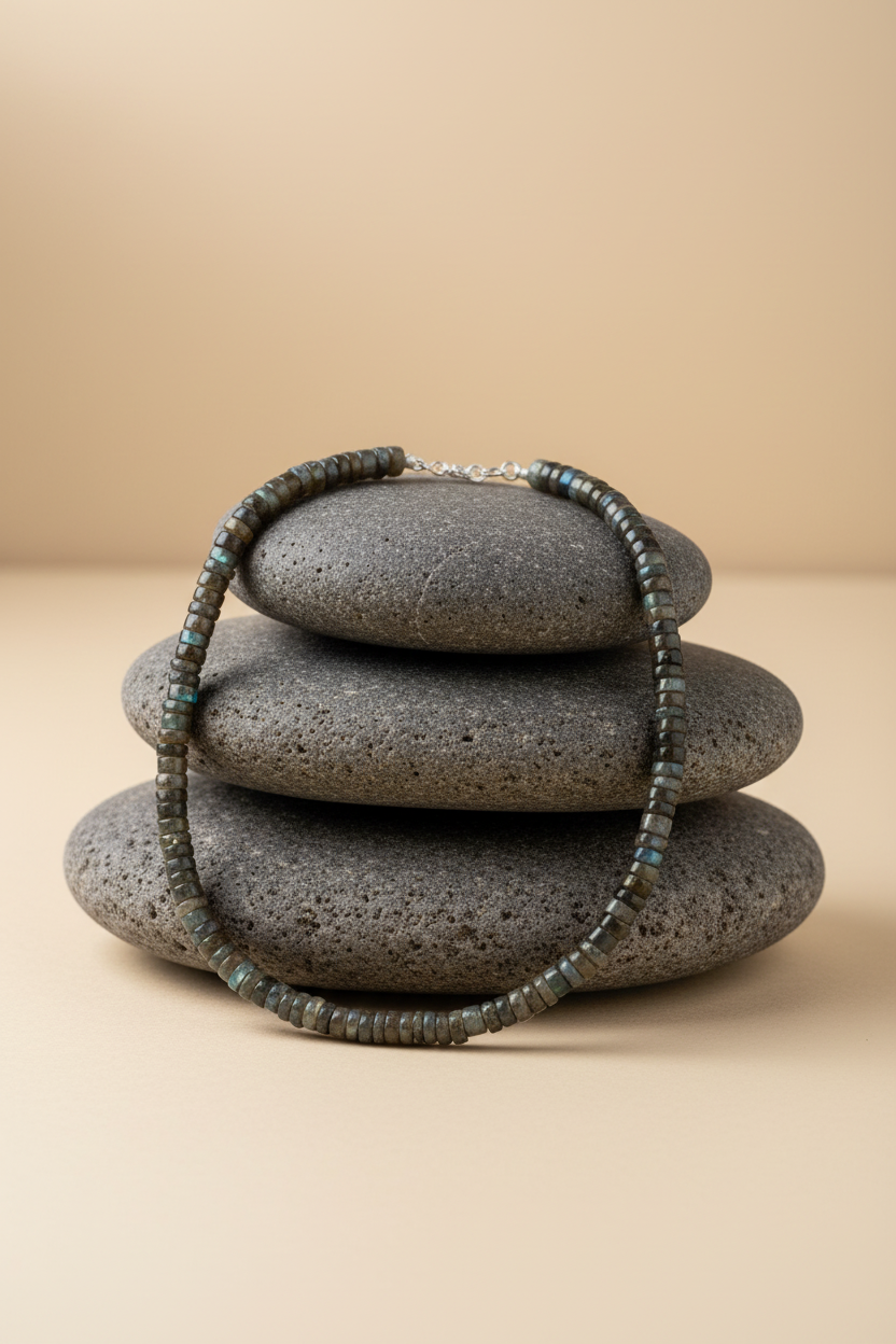 Natural Labradorite Washer Shape Gemstone Mala – 9mm Beads, 18 Inch