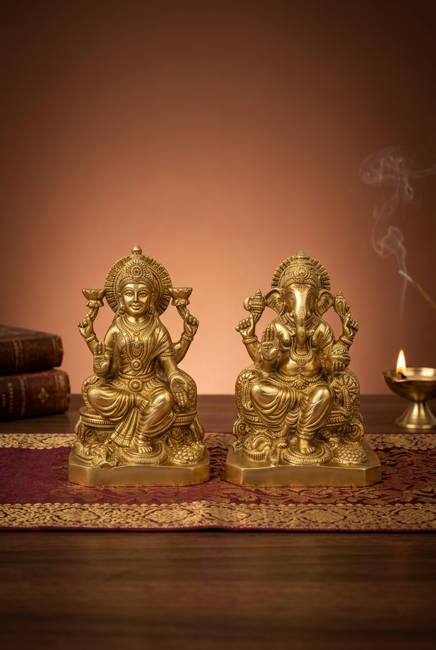 Laxmi Ganesh Brass Idol Set 6.8 Inch Premium Handcrafted Murti for Home Temple