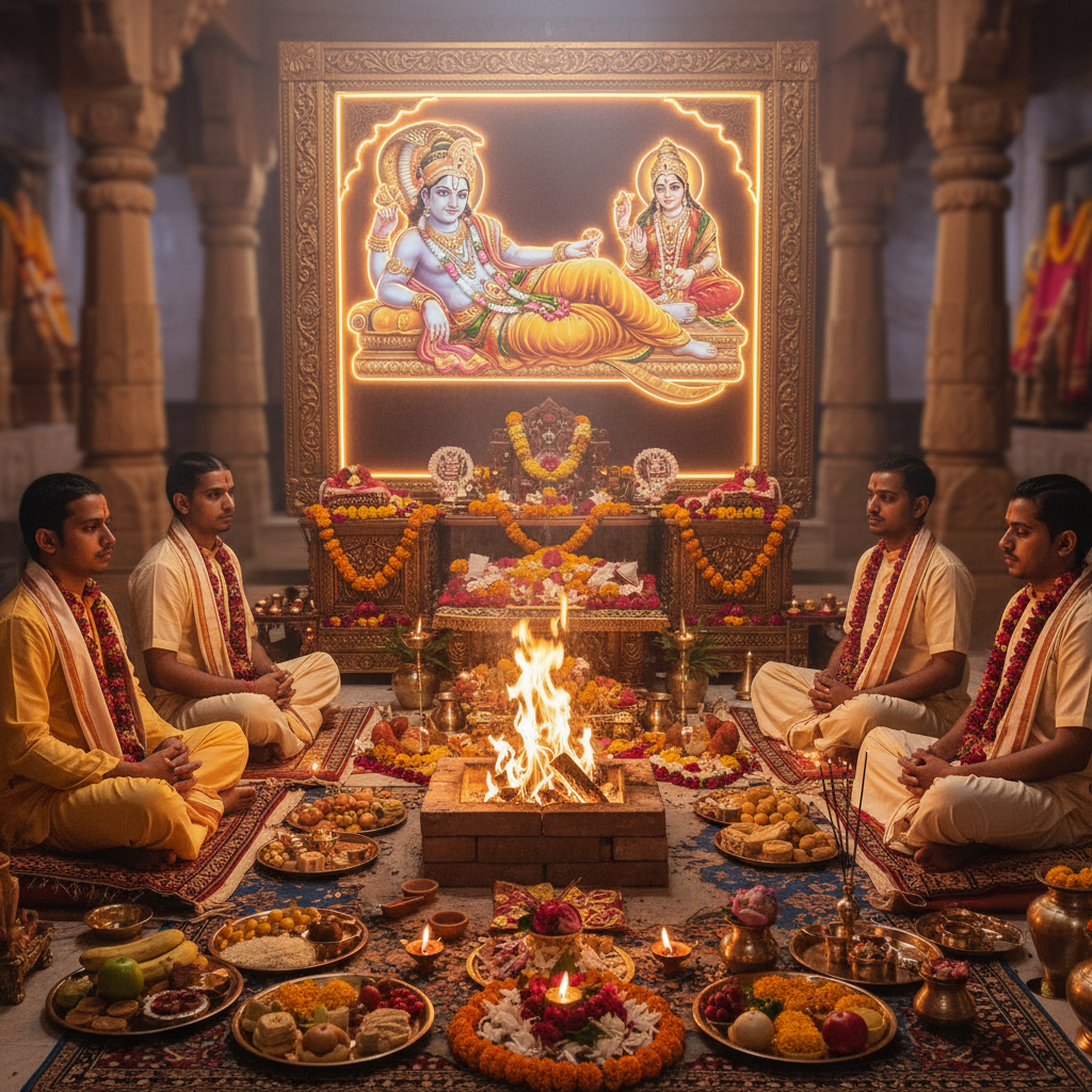 Lakshmi Narayan Puja at the Prayagraj,Square image of  Puja with specific Lord visuals glowing in the background, 4–6 pandits sitting and performing pooja around a havan kund, traditional setup, spiritual atmosphere, high-quality.