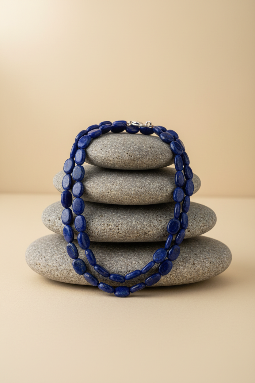 Natural Lapis Lazuli Oval Mala – 54 Beads | 9mm Gemstone