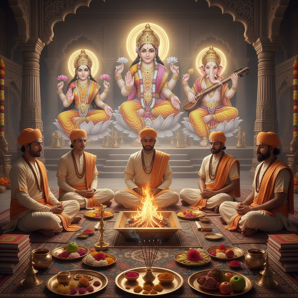 Laxmi Ganesha Saraswati Puja For Higher Education, Square image of  Puja with specific Lord visuals glowing in the background, 4–6 pandits sitting and performing pooja around a havan kund, traditional setup, spiritual atmosphere, high-quality.