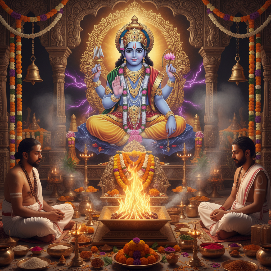 lord Akarshan in bg Puja and Yagna, 3 pandits, sqaure img