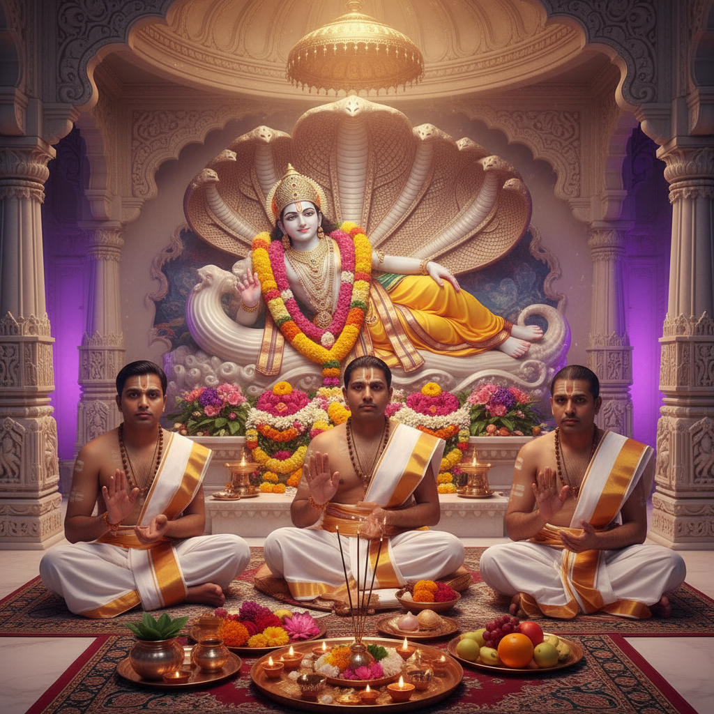 lord Anant Vishnu Puja in bg, 3 pandits doing puja, square img