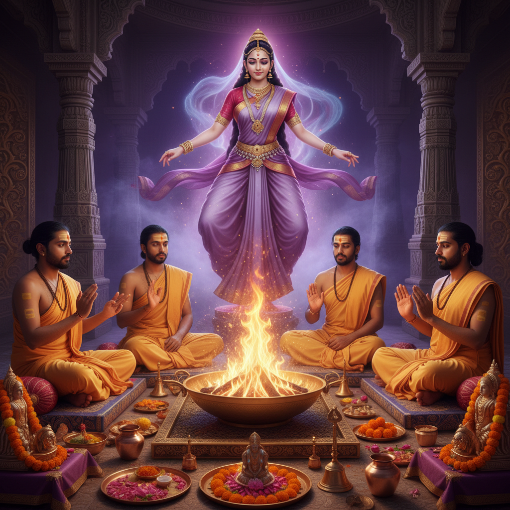 lord Apsara Urvashi in bg  Puja Sadhana, 4 pandits, square img
