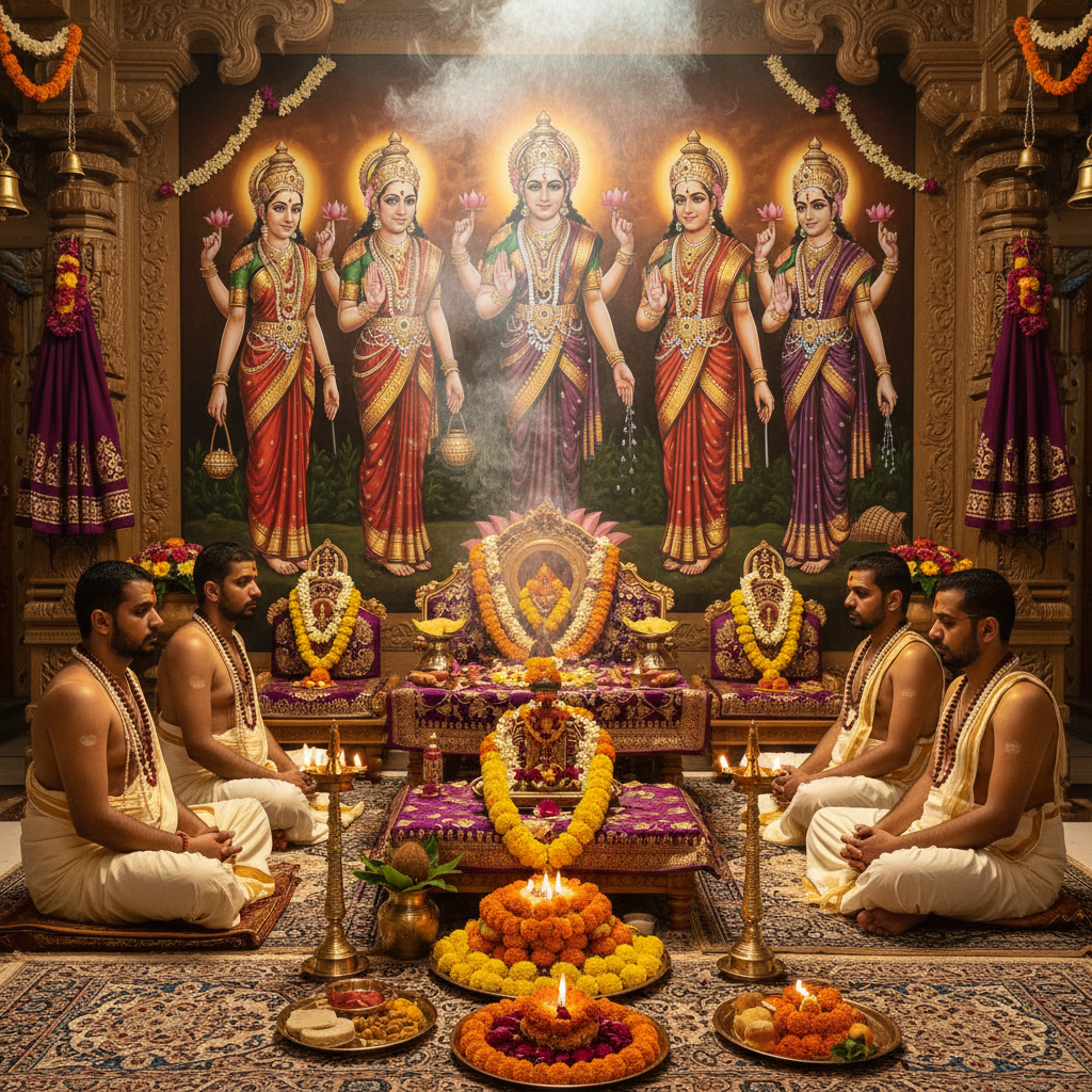 lord Ashta Lakshmi in bg Puja and Vidhanam, 5 pandits, square img 