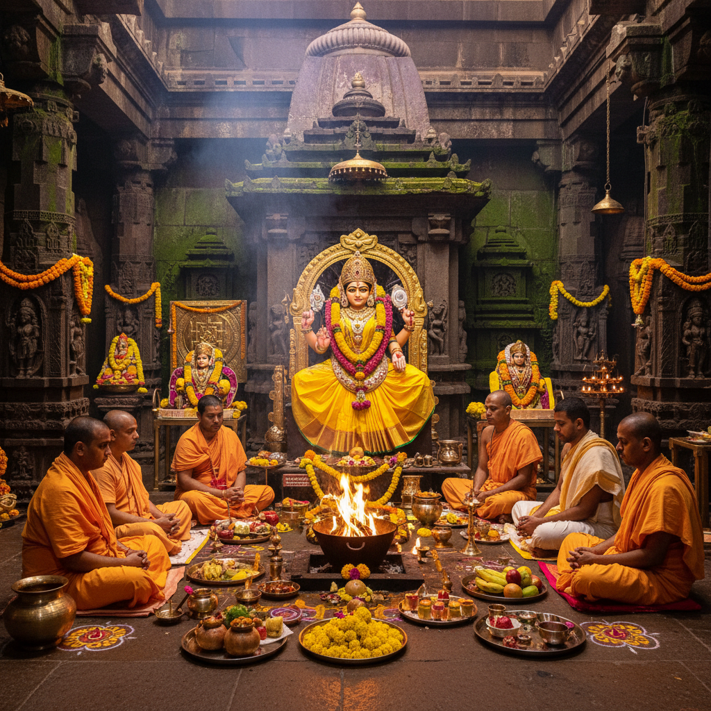 lord Baglamukhi in bg Puja at Kamakhya Temple, 8 pandits, square img