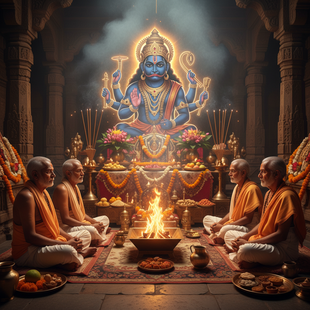 Lord Bhairav Puja and Mantra Japa at Varanas, Square image of  Puja with specific Lord visuals glowing in the background, 4–6 pandits sitting and performing pooja around a havan kund, traditional setup, spiritual atmosphere, high-quality.
