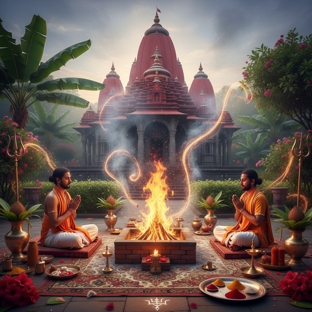 lord Black Magic Removal Puja and Havan in bg at Kamakhya Temple , 2 pandits doing pujas, square img