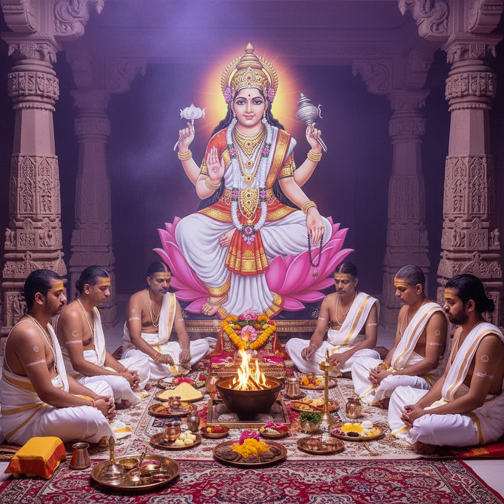 lord Brahmacharini Mata in bg, 6 pandits, square img