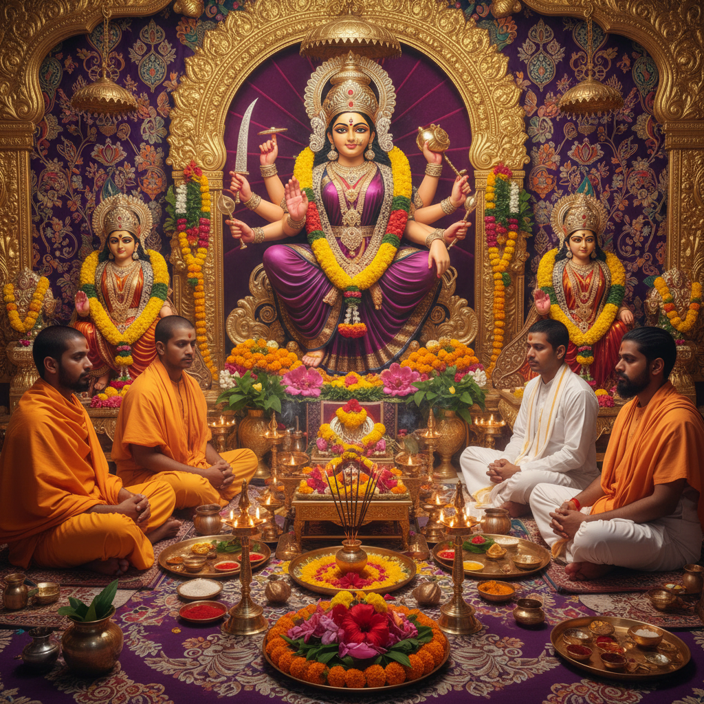  Lord Chandraghanta Mata Puja in bg, 5 pandits, square img