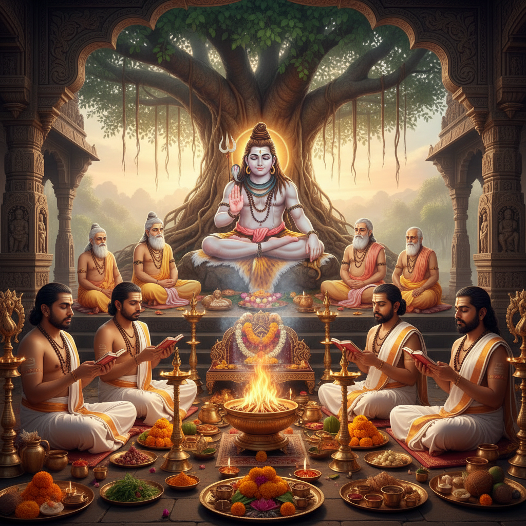 lord Dakshinamurthy in bg, 5 pandits, square img