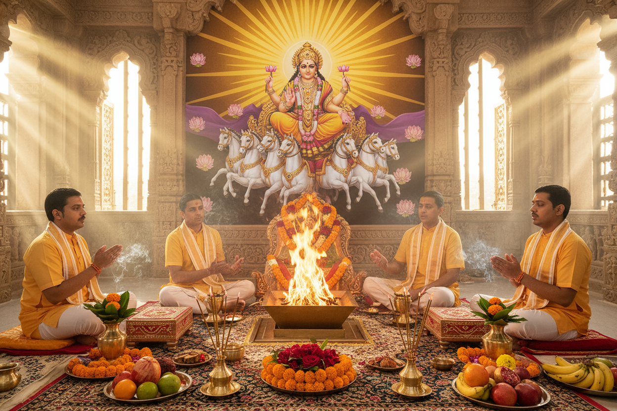 lord Surya Chandra Amavasya Dosh Nivaran Puja-Day Puja, 4 pandits doing pooja 