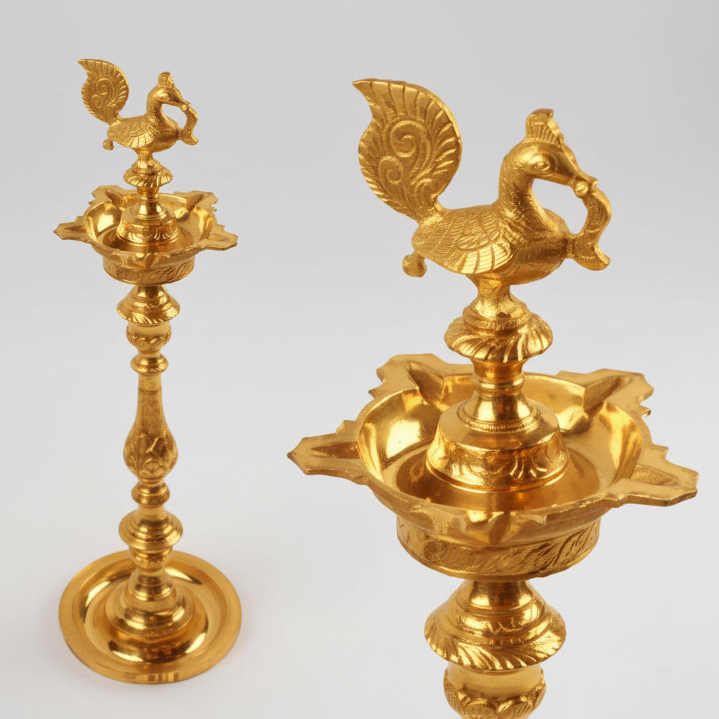Peacock Oil Lamp In Brass-Set of 2