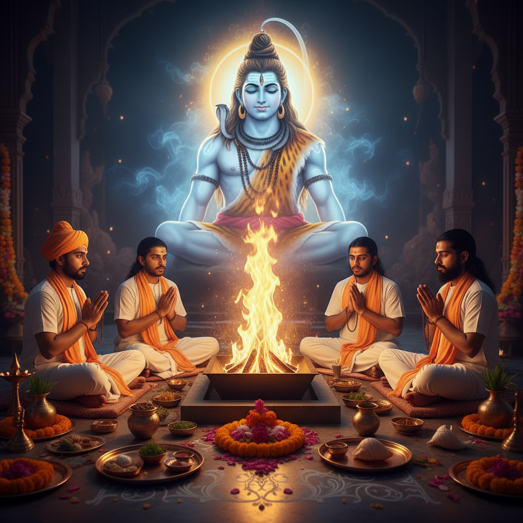 Mahamrityunjaya Mantra Jaap Puja at Prayagraj, Square image of  Puja with specific Lord visuals glowing in the background, 4–6 pandits sitting and performing pooja around a havan kund, traditional setup, spiritual atmosphere, high-quality.