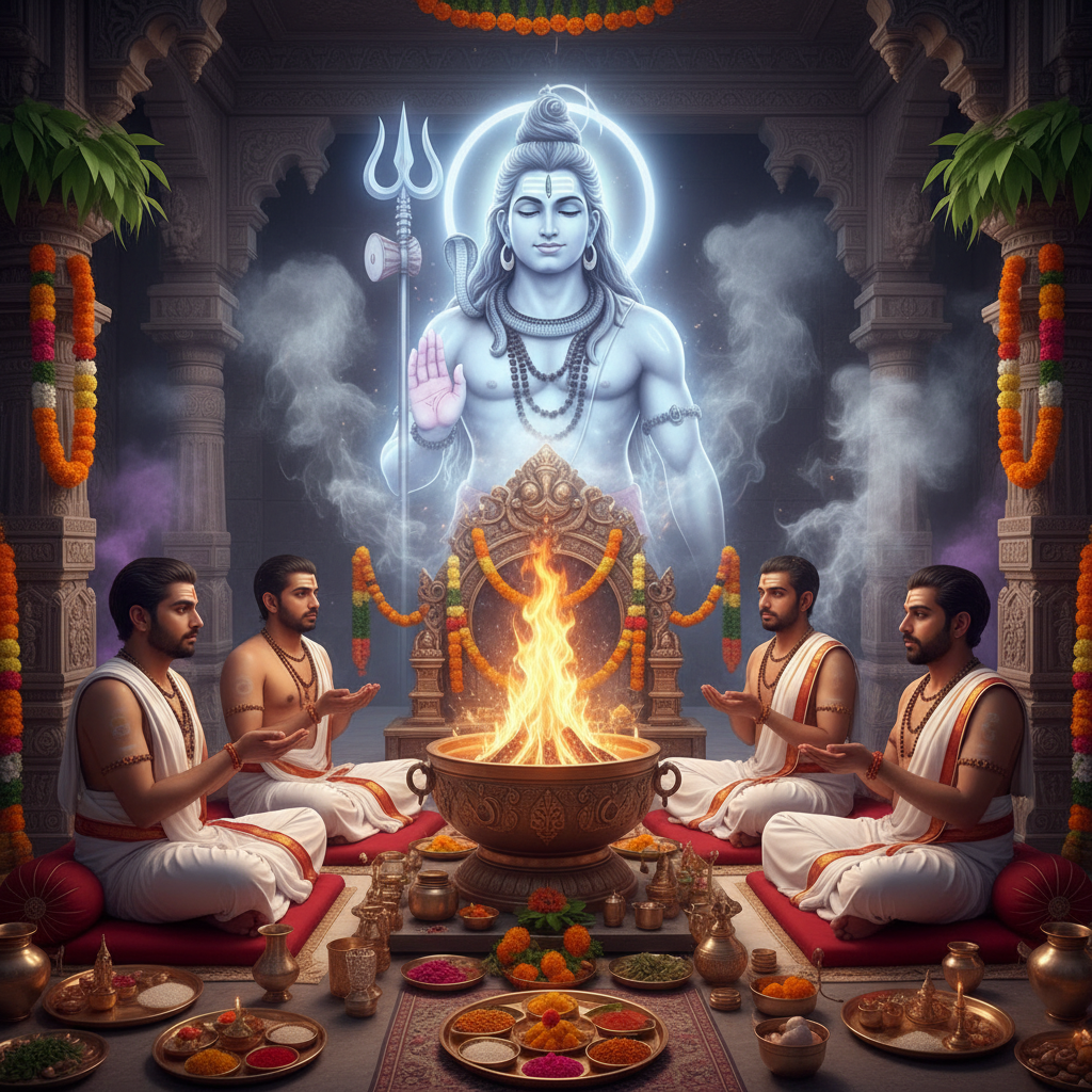 Mahamrityunjaya Mantra Japa and Yajna, Square image of  Puja with specific Lord visuals glowing in the background, 4–6 pandits sitting and performing pooja around a havan kund, traditional setup, spiritual atmosphere, high-quality.
