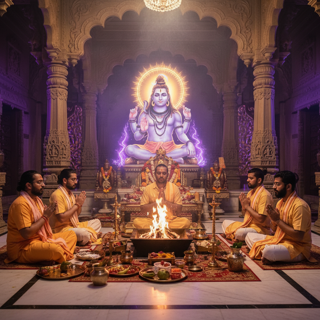 Mahamrityunjaya Puja & Jaap at Vindhyavasini Temple, Square image of  Puja with specific Lord visuals glowing in the background, 4–6 pandits sitting and performing pooja around a havan kund, traditional setup, spiritual atmosphere, high-quality.