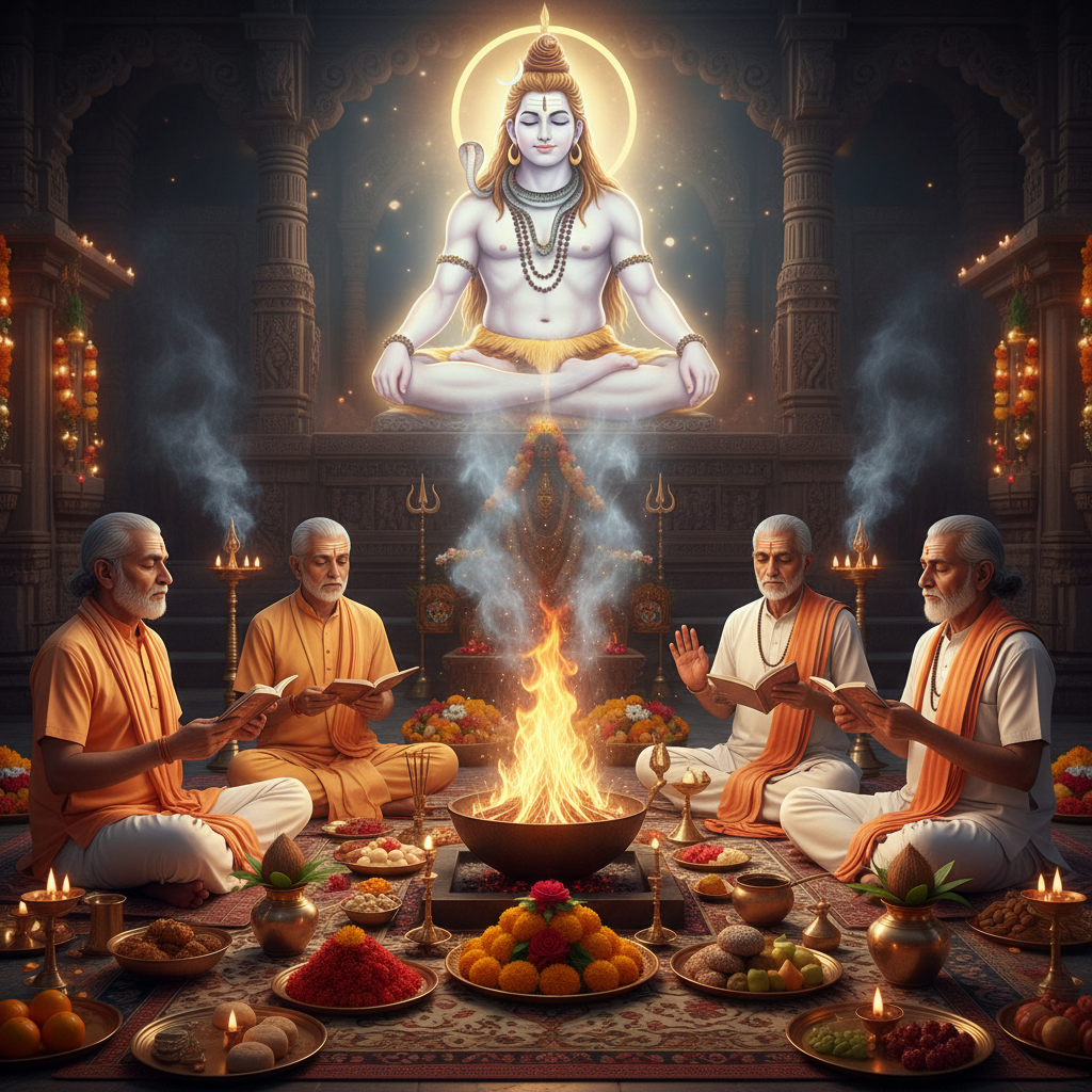 Mahamrityunjaya Puja & Jaap at Vindhyavasini Temple, Square image of  Puja with specific Lord visuals glowing in the background, 4–6 pandits sitting and performing pooja around a havan kund, traditional setup, spiritual atmosphere, high-quality.