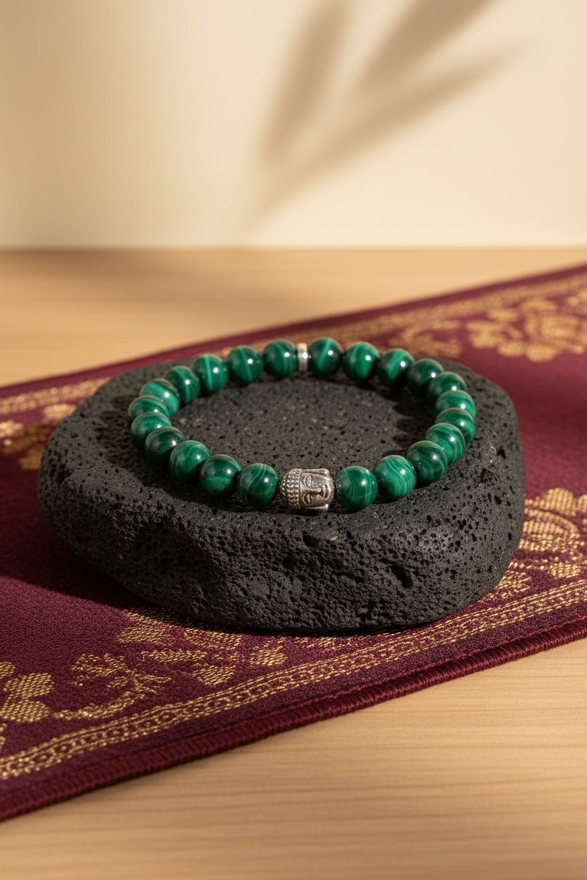 Natural Malachite Buddha Charm Bracelet – 10mm Gemstone Bracelet for Healing & Meditation