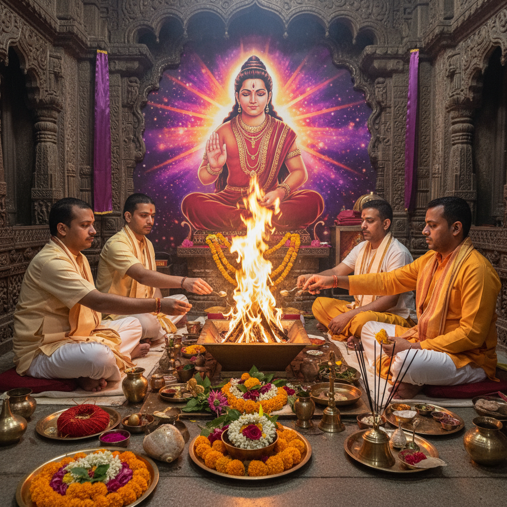 Mangal Dosh Nivaran Puja at Vindhyavasini Devi Temple, Square image of  Puja with specific Lord visuals glowing in the background, 4–6 pandits sitting and performing pooja around a havan kund, traditional setup, spiritual atmosphere, high-quality.