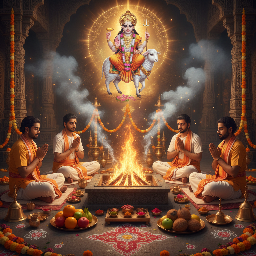 Mangal Graha Shanti Puja & Mantra Japa, lord on sheep, Square image of  Puja with specific Lord visuals glowing in the background, 4–6 pandits sitting and performing pooja around a havan kund, traditional setup, spiritual atmosphere, high-quality.