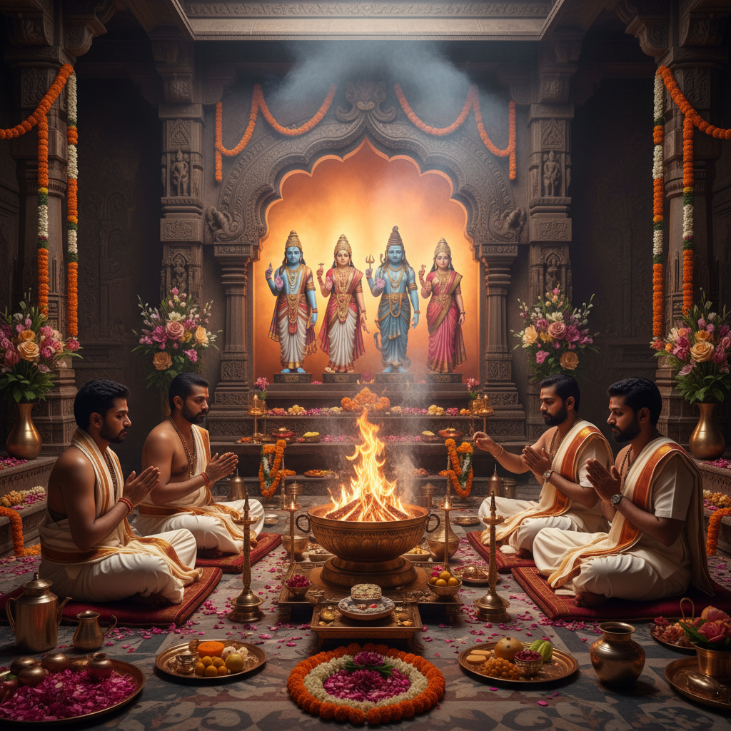 Marriage Anniversary Puja, Square image of  Puja with specific Lord visuals glowing in the background, 4–6 pandits sitting and performing pooja around a havan kund, traditional setup, spiritual atmosphere, high-quality.