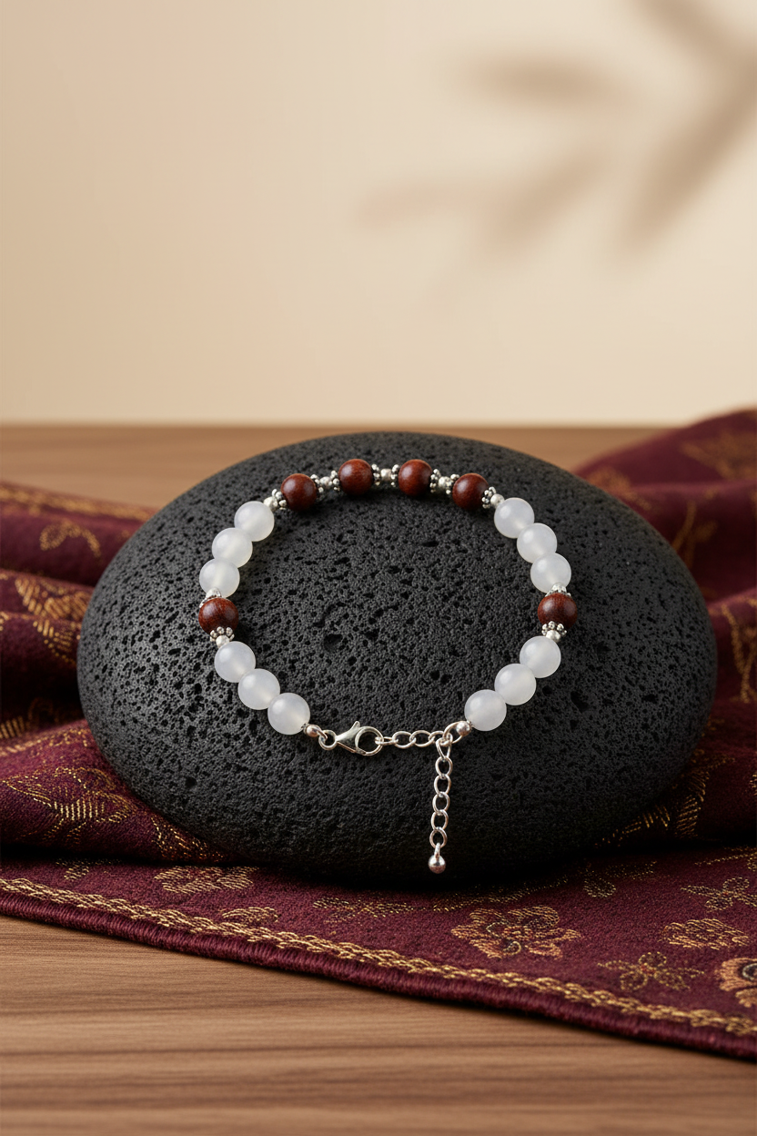 Natural White Agate & Red Sandalwood Gemstone Bracelet | Healing, Meditation & Positive Energy