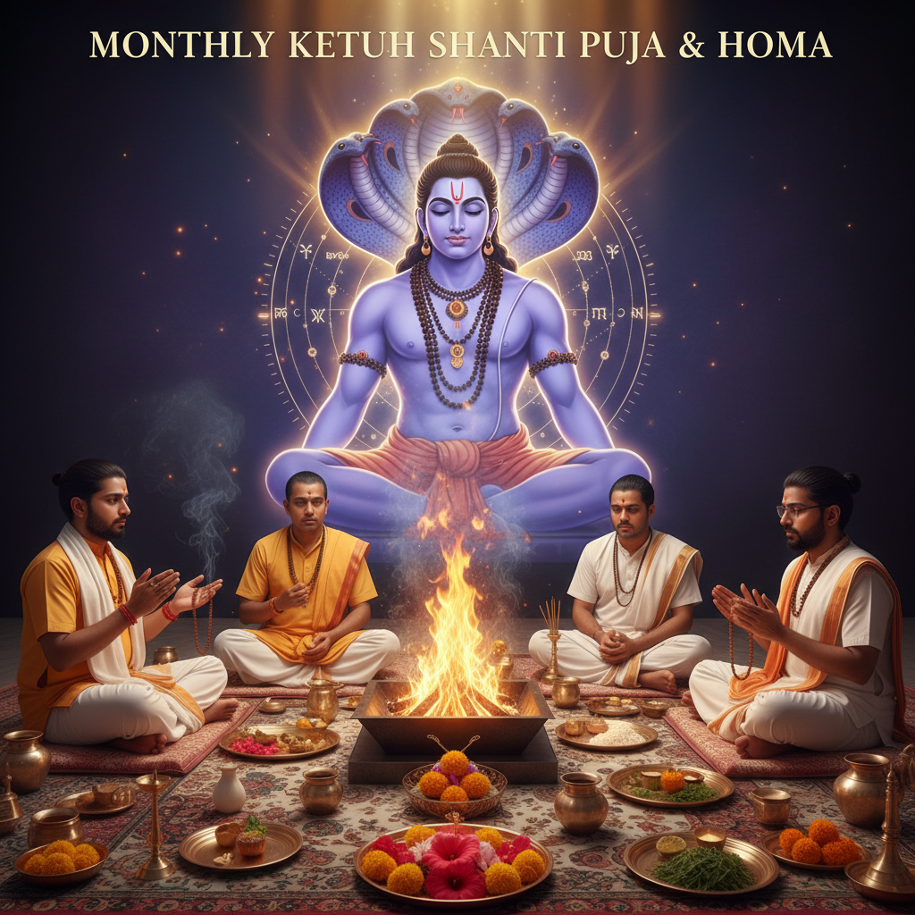 Monthly Ketu Grah Shanti Puja and Homa, Square image of  Puja with specific Lord visuals glowing in the background, 4–6 pandits sitting and performing pooja around a havan kund, traditional setup, spiritual atmosphere, high-quality.