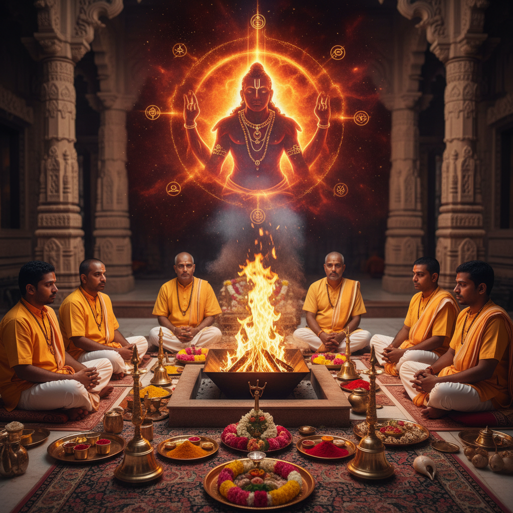 Monthly Mangal Grah Shanti Puja and Homa, Square image of  Puja with specific Lord visuals glowing in the background, 4–6 pandits sitting and performing pooja around a havan kund, traditional setup, spiritual atmosphere, high-quality.