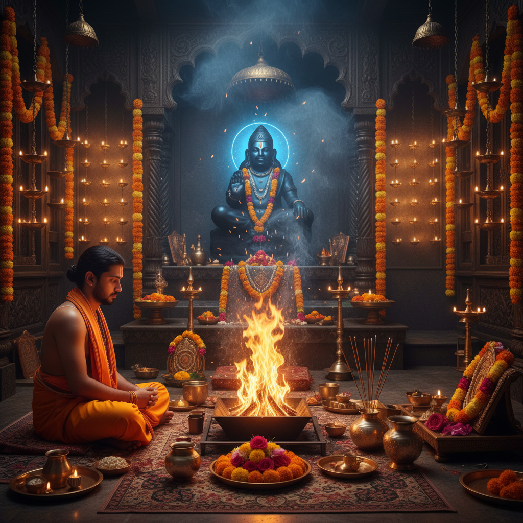 Monthly Shani Grah Shanti Puja and Homa, Square image of  Puja with specific Lord visuals glowing in the background, 1 pandits sitting and performing pooja around a havan kund, traditional setup, spiritual atmosphere, high-quality.