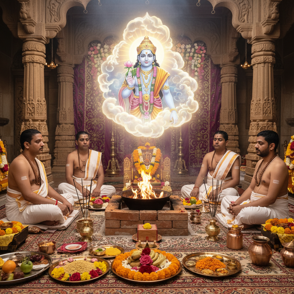 Monthly Shukra Grah Shanti Puja and Homa, Square image of  Puja with specific Lord visuals glowing in the background, 4–6 pandits sitting and performing pooja around a havan kund, traditional setup, spiritual atmosphere, high-quality.