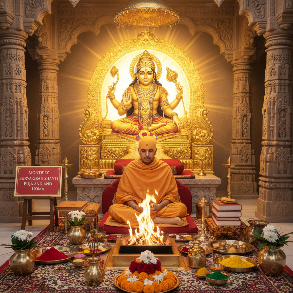 Monthly Surya Grah Shanti Puja and Homa, Square image of  Puja with specific Lord visuals glowing in the background, 1 pandits sitting and performing pooja around a havan kund, traditional setup, spiritual atmosphere, high-quality.