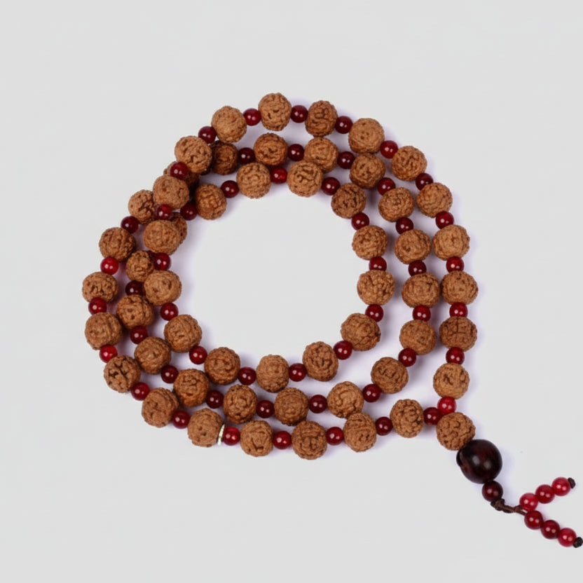 6 Mukhi Semi Chikna Mars Mala from Java with Red Agate Beads