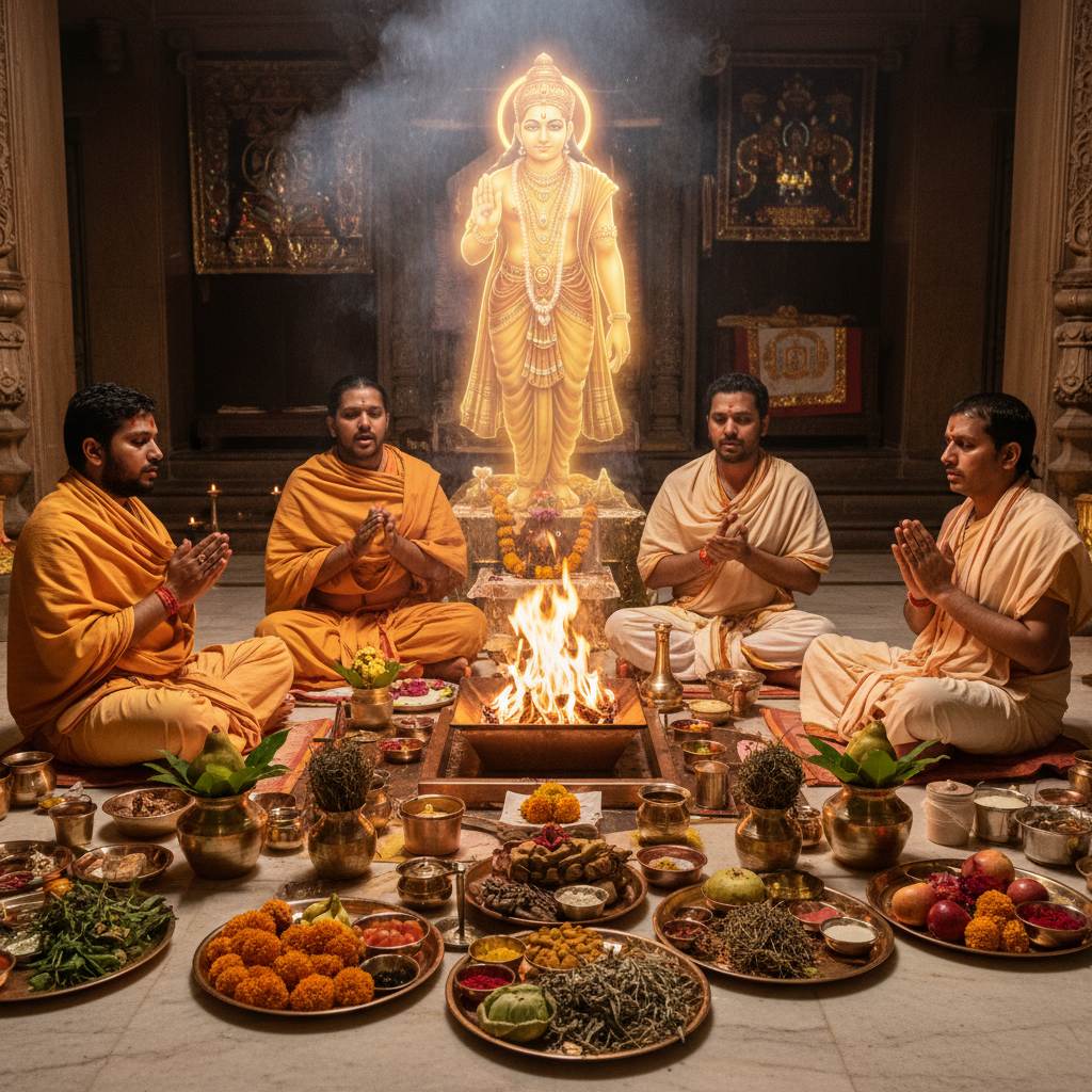 Narayan Bali Puja in Chandod Gujarat, Square image of  Puja with specific Lord visuals glowing in the background, 4–6 pandits sitting and performing pooja around a havan kund, traditional setup, spiritual atmosphere, high-quality.